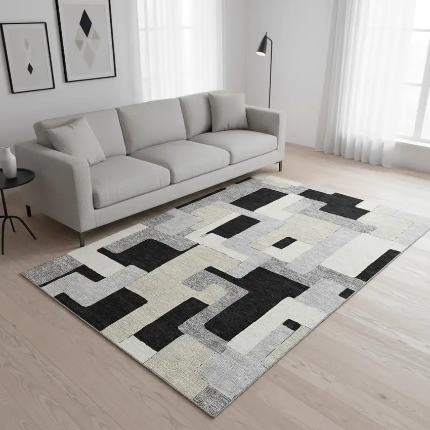 Black Ivory And Beige Geometric Washable Area Rug With UV Protection Photo 2