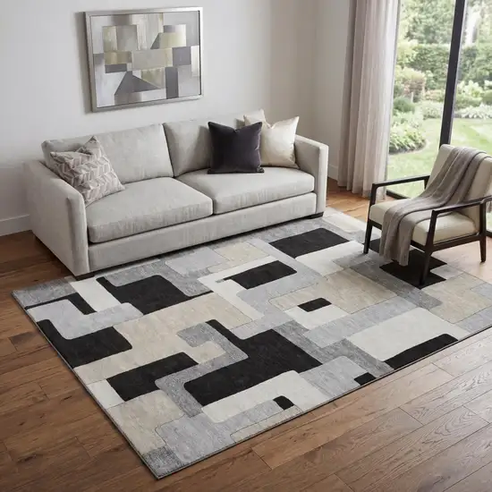 Black Ivory And Beige Geometric Washable Area Rug With UV Protection Photo 1