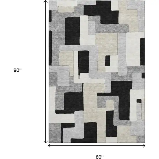 Black Ivory And Beige Geometric Washable Area Rug With UV Protection Photo 3