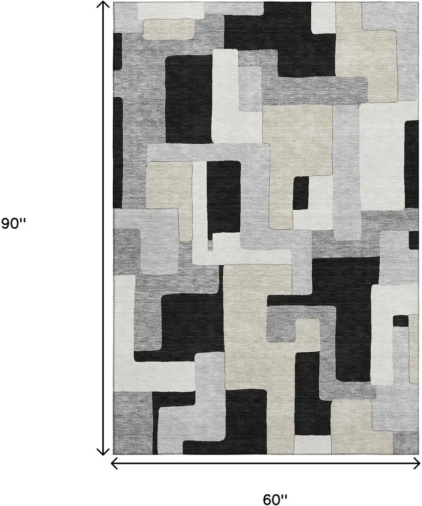 Black Ivory And Beige Geometric Washable Area Rug With UV Protection Photo 3