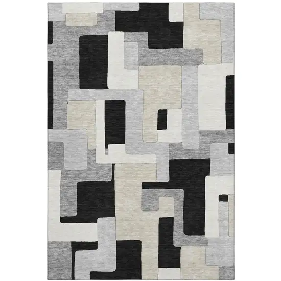 Black Ivory And Beige Geometric Washable Area Rug With UV Protection Photo 2