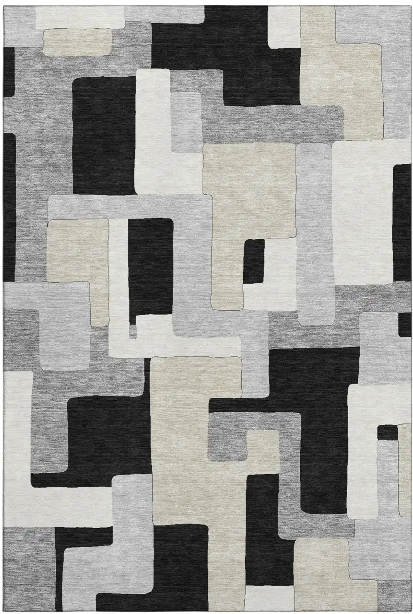 Black Ivory And Beige Geometric Washable Area Rug With UV Protection Photo 2