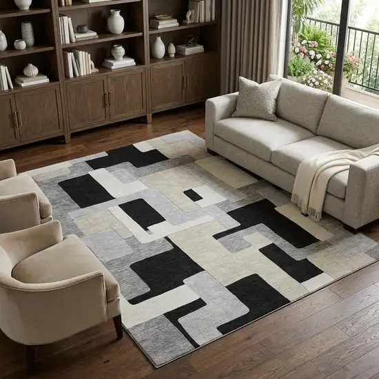 Black Ivory And Beige Geometric Washable Area Rug With UV Protection Photo 1