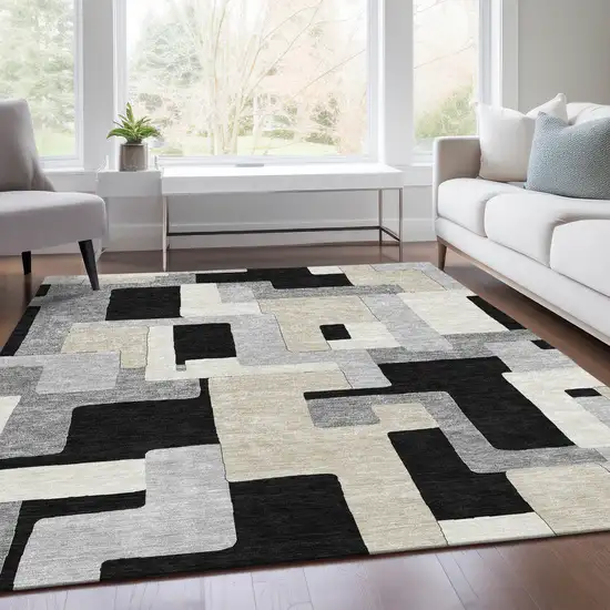 Black Ivory And Beige Geometric Washable Area Rug With UV Protection Photo 5