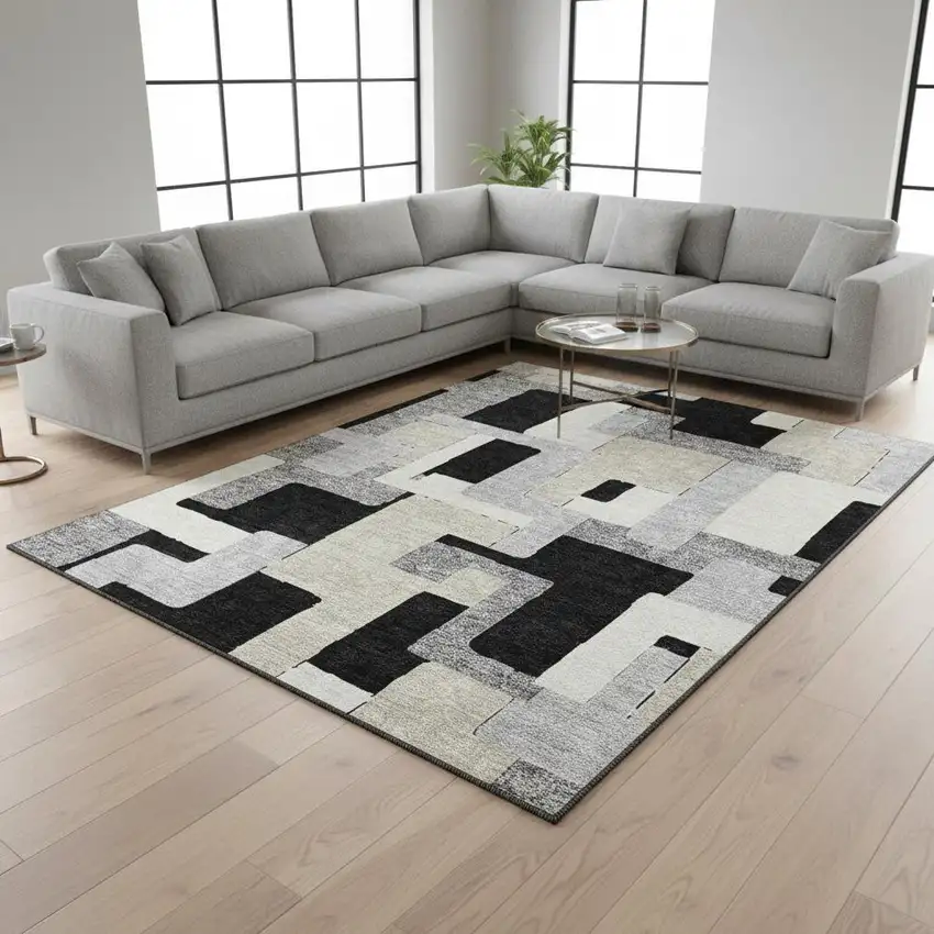 Black Ivory And Beige Geometric Washable Area Rug With UV Protection Photo 2