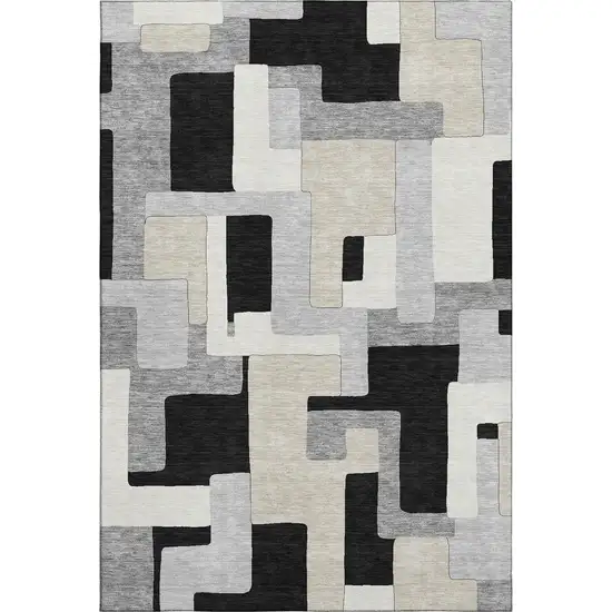 Black Ivory And Beige Geometric Washable Area Rug With UV Protection Photo 1