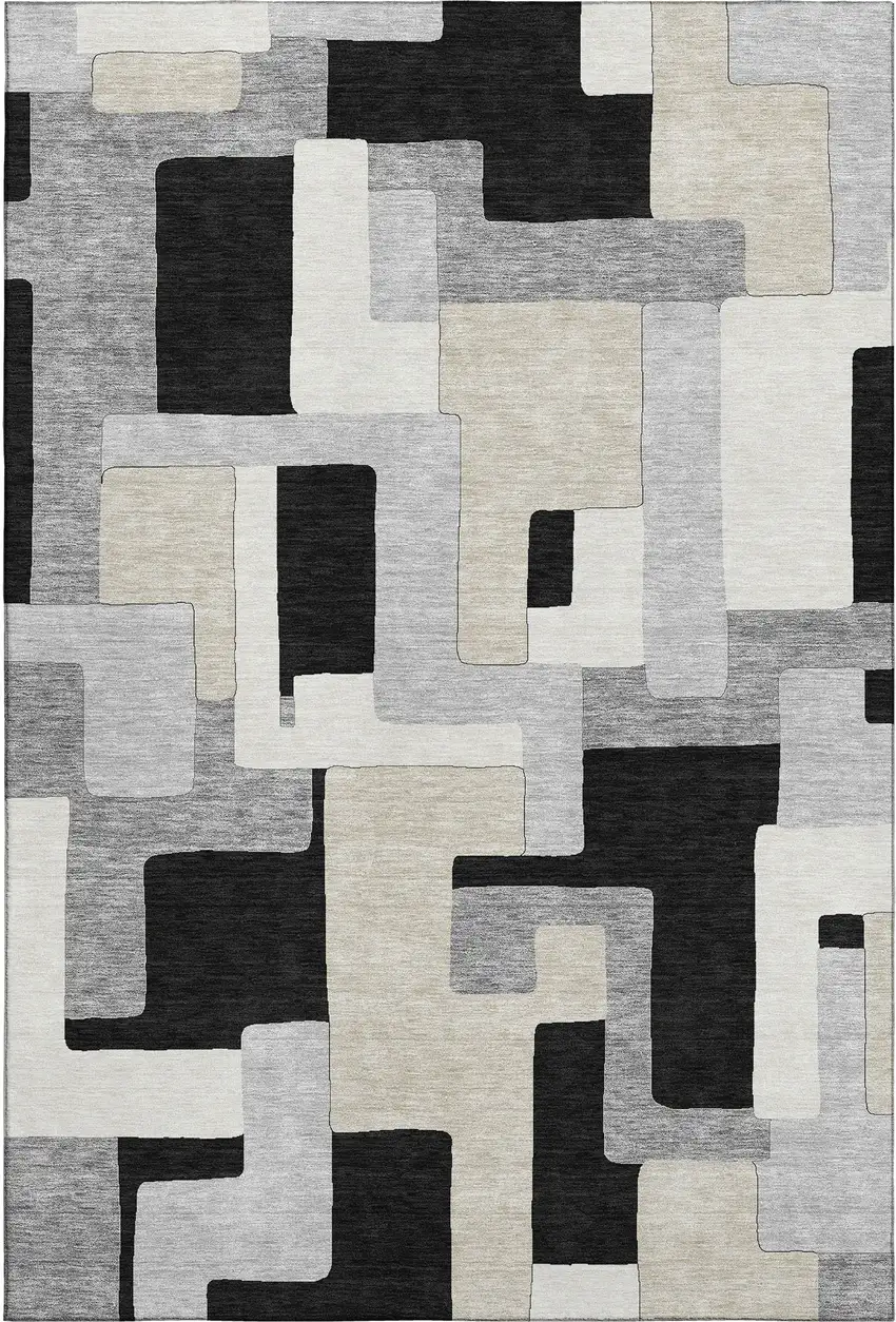 Black Ivory And Beige Geometric Washable Area Rug With UV Protection Photo 1