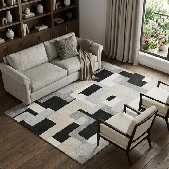 Black Ivory And Beige Geometric Washable Area Rug With UV Protection Photo 1