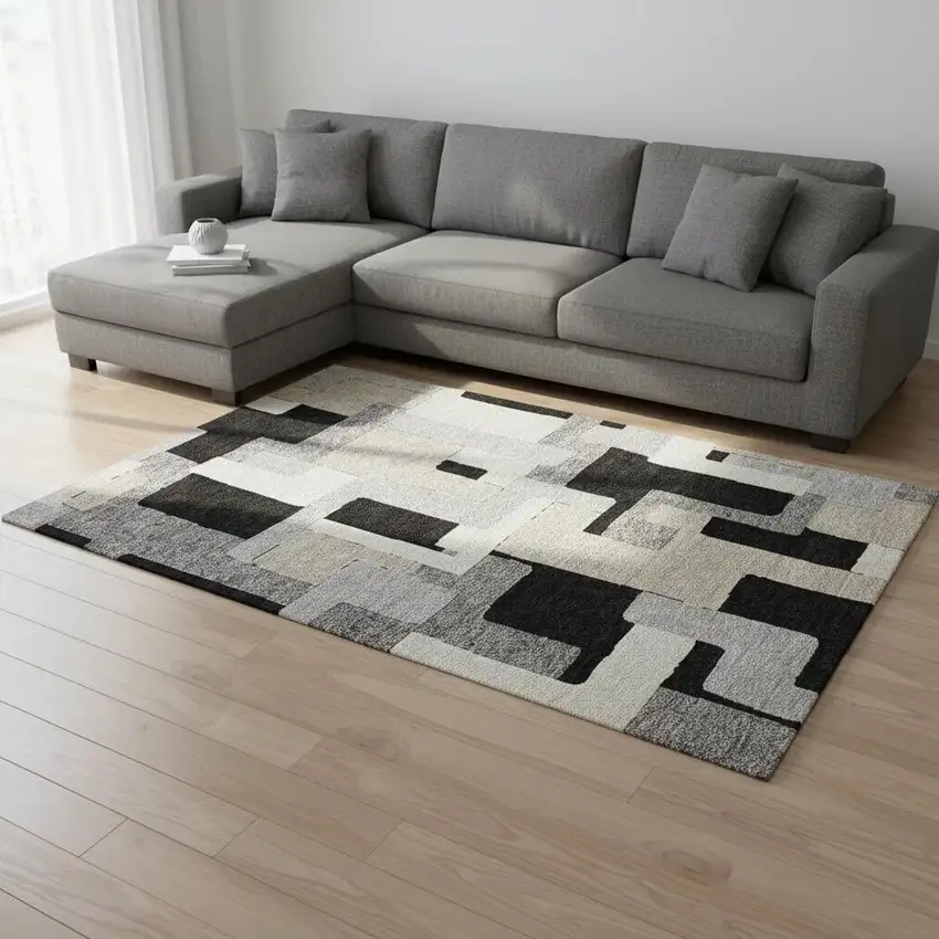 Black Ivory And Beige Geometric Washable Area Rug With UV Protection Photo 1