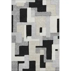 Photo of Black Ivory And Beige Geometric Washable Area Rug With UV Protection