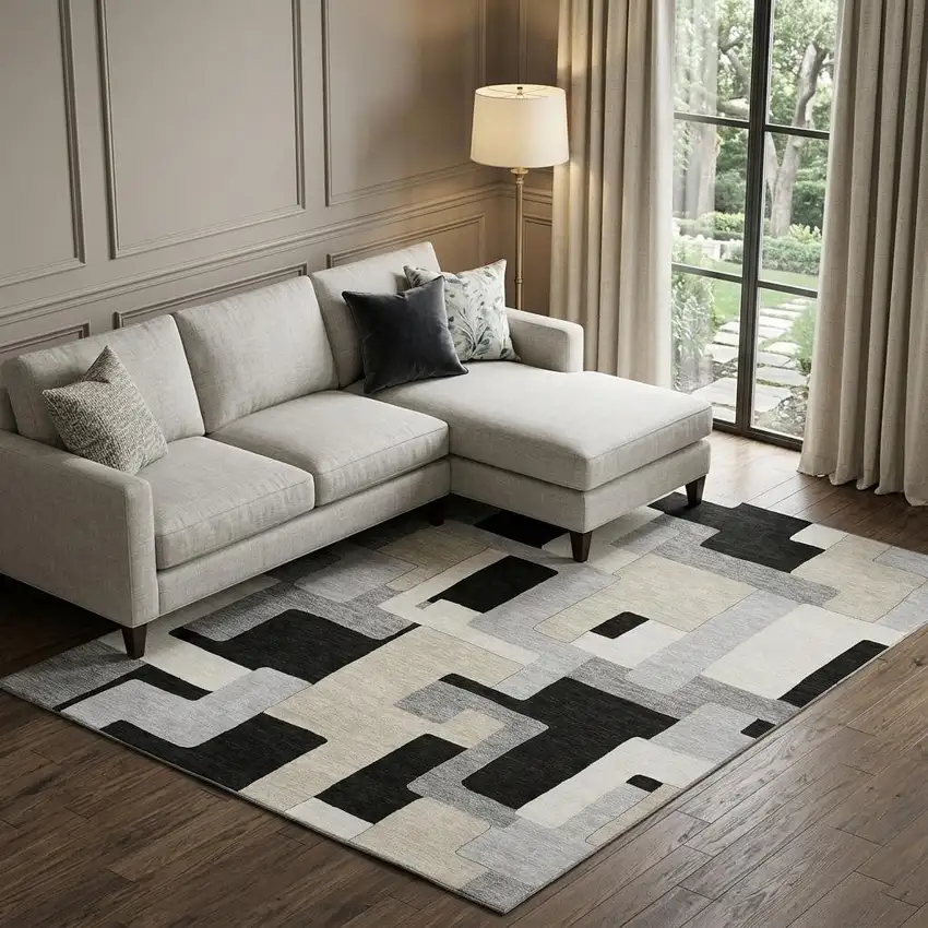 Black Ivory And Beige Geometric Washable Area Rug With UV Protection Photo 1