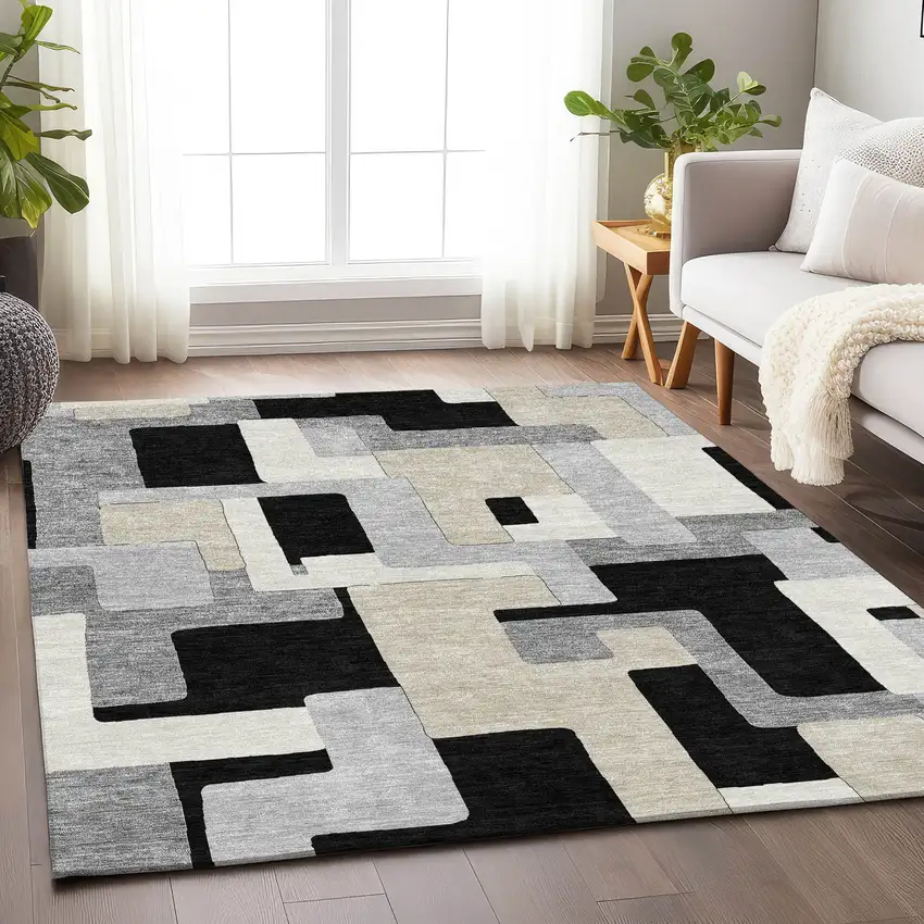 Black Ivory And Beige Geometric Washable Area Rug With UV Protection Photo 4