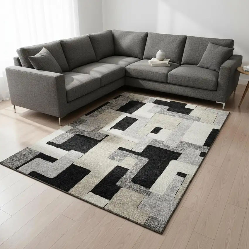 Black Ivory And Beige Geometric Washable Area Rug With UV Protection Photo 2