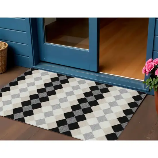Black Ivory And Beige Geometric Washable Indoor Outdoor Area Rug Photo 1