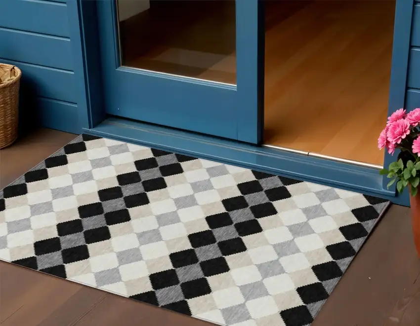 Black Ivory And Beige Geometric Washable Indoor Outdoor Area Rug Photo 1