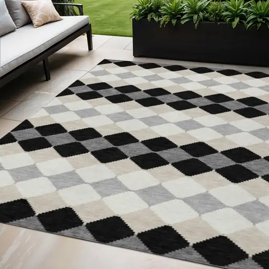 Black Ivory And Beige Geometric Washable Indoor Outdoor Area Rug Photo 1
