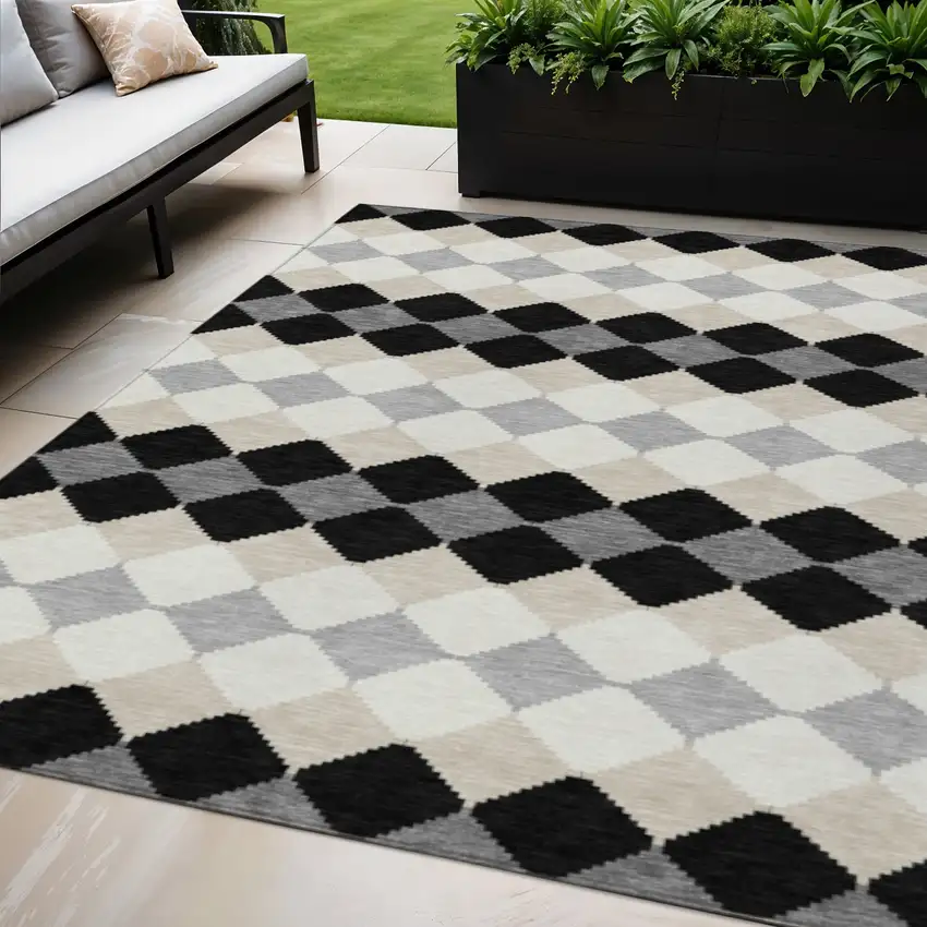 Black Ivory And Beige Geometric Washable Indoor Outdoor Area Rug Photo 1