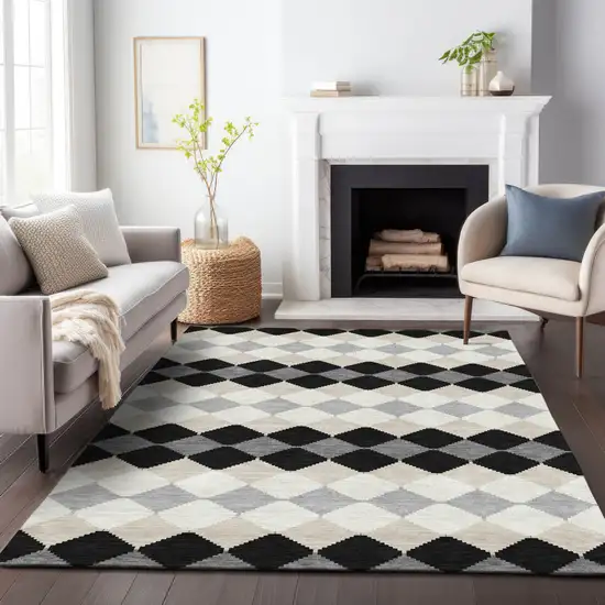 Black Ivory And Beige Geometric Washable Indoor Outdoor Area Rug Photo 9