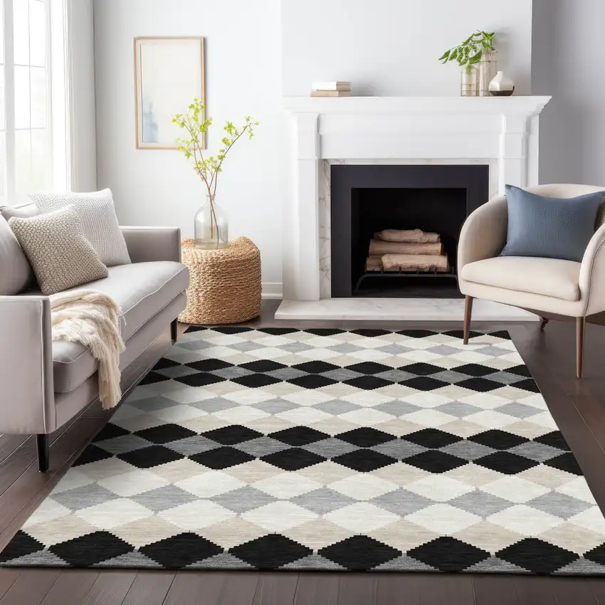 Black Ivory And Beige Geometric Washable Indoor Outdoor Area Rug Photo 9