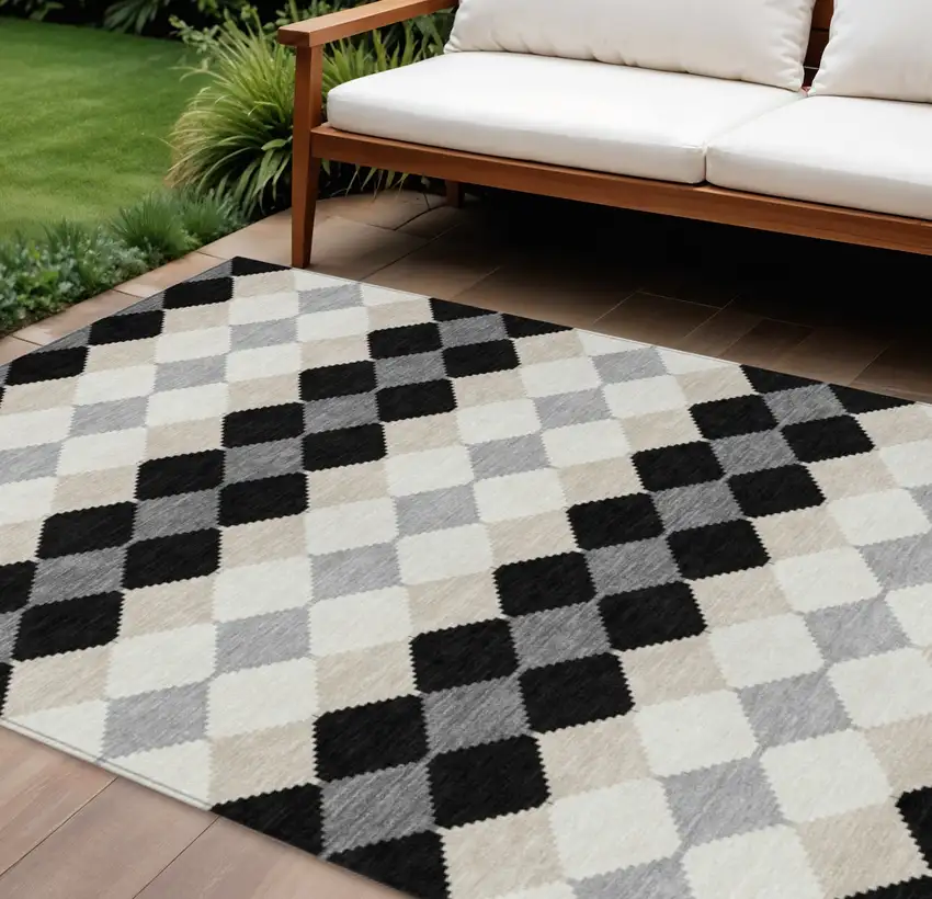 Black Ivory And Beige Geometric Washable Indoor Outdoor Area Rug Photo 1