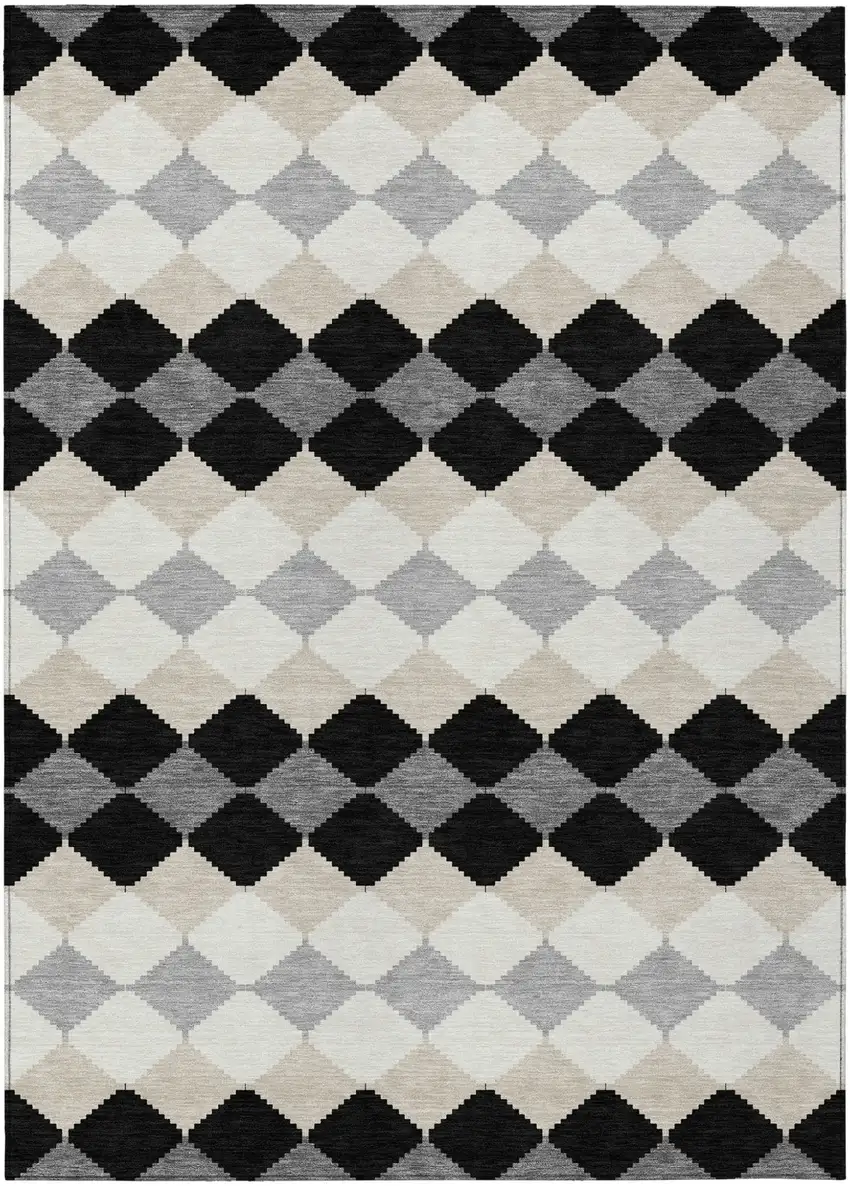 Black Ivory And Beige Geometric Washable Indoor Outdoor Area Rug Photo 2