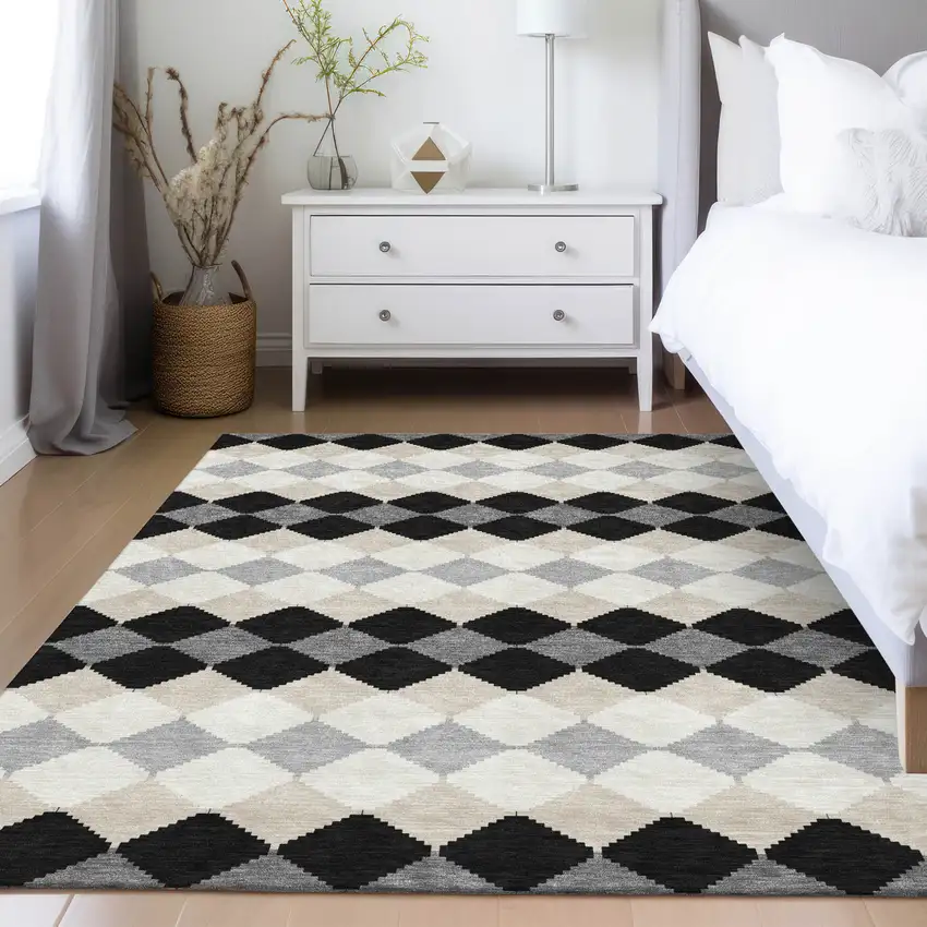 Black Ivory And Beige Geometric Washable Indoor Outdoor Area Rug Photo 9