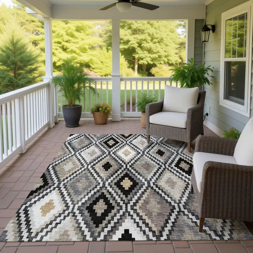 Black Ivory And Beige Geometric Washable Indoor Outdoor Area Rug Photo 9