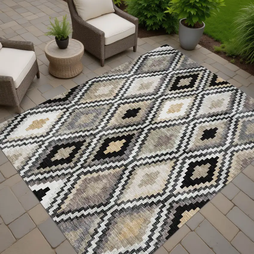 Black Ivory And Beige Geometric Washable Indoor Outdoor Area Rug Photo 6