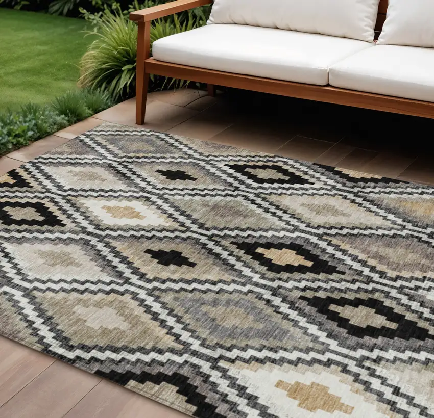 Black Ivory And Beige Geometric Washable Indoor Outdoor Area Rug Photo 1