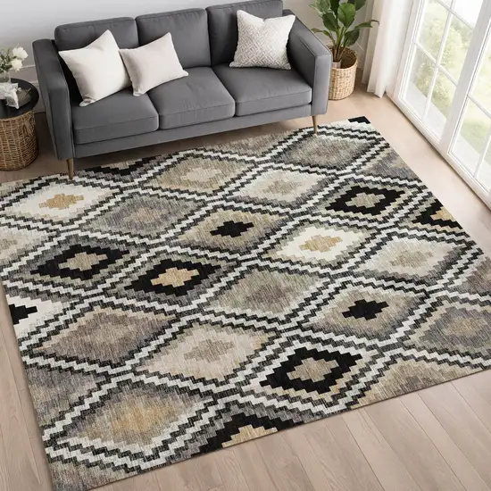 Black Ivory And Beige Geometric Washable Indoor Outdoor Area Rug Photo 9