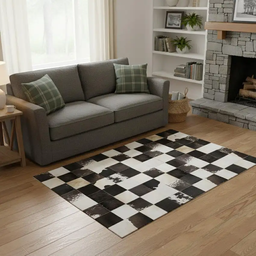 Black Ivory And Beige Patchwork Washable Area Rug With UV Protection Photo 1