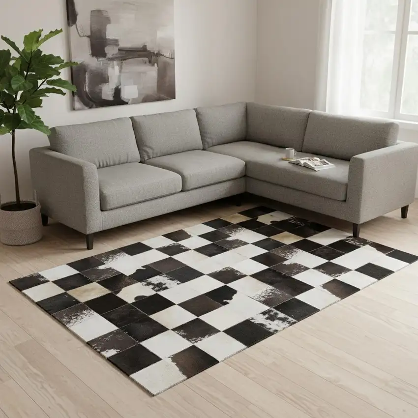 Black Ivory And Beige Patchwork Washable Area Rug With UV Protection Photo 1