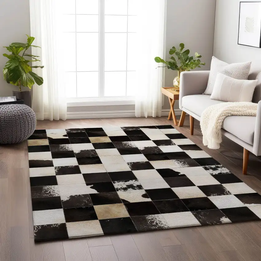 Black Ivory And Beige Patchwork Washable Area Rug With UV Protection Photo 5