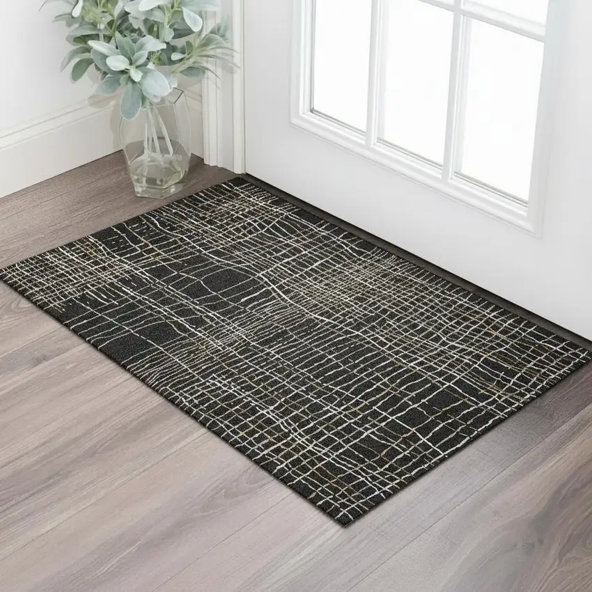 Black Ivory And Beige Striped Washable Area Rug With UV Protection Photo 2