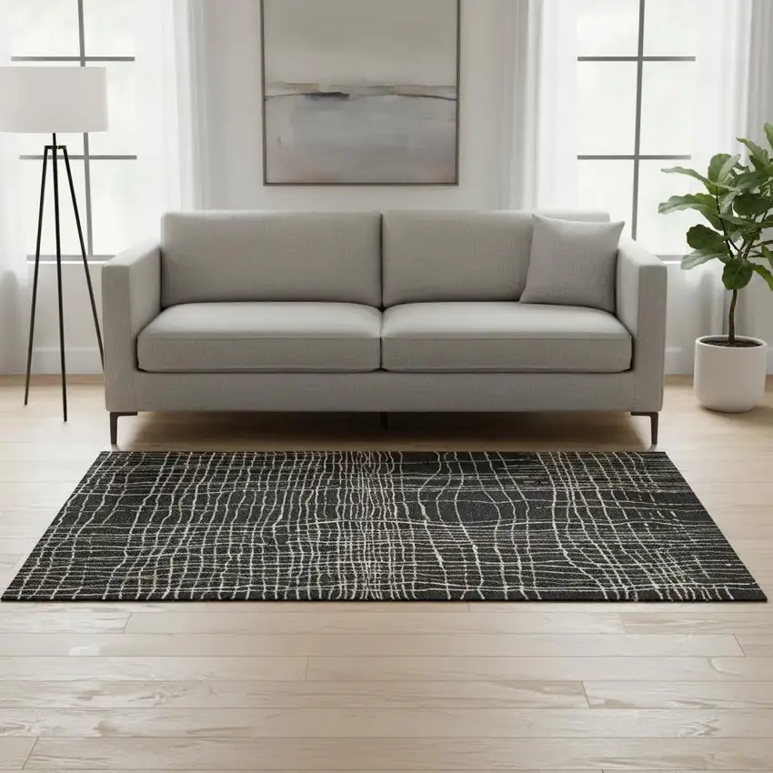 Black Ivory And Beige Striped Washable Area Rug With UV Protection Photo 2