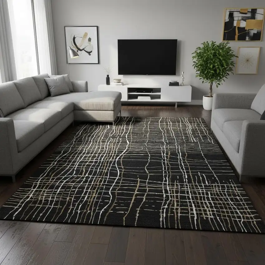 Black Ivory And Beige Striped Washable Area Rug With UV Protection Photo 2