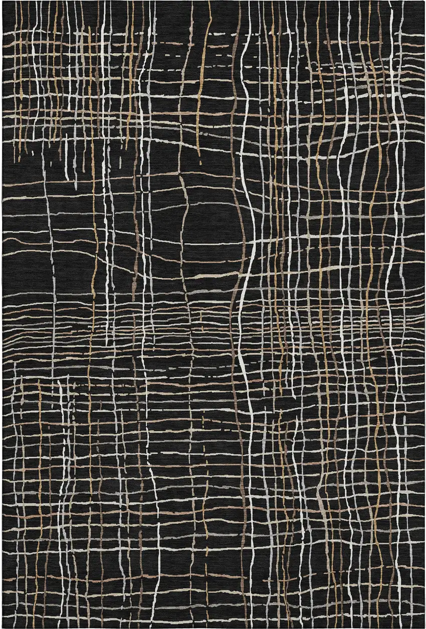 Black Ivory And Beige Striped Washable Area Rug With UV Protection Photo 1