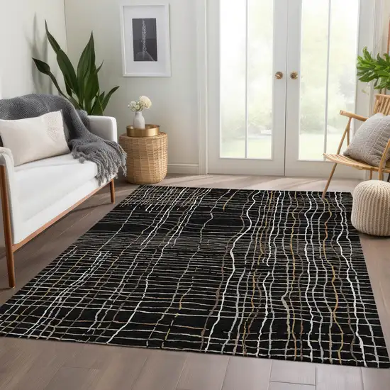 Black Ivory And Beige Striped Washable Area Rug With UV Protection Photo 5