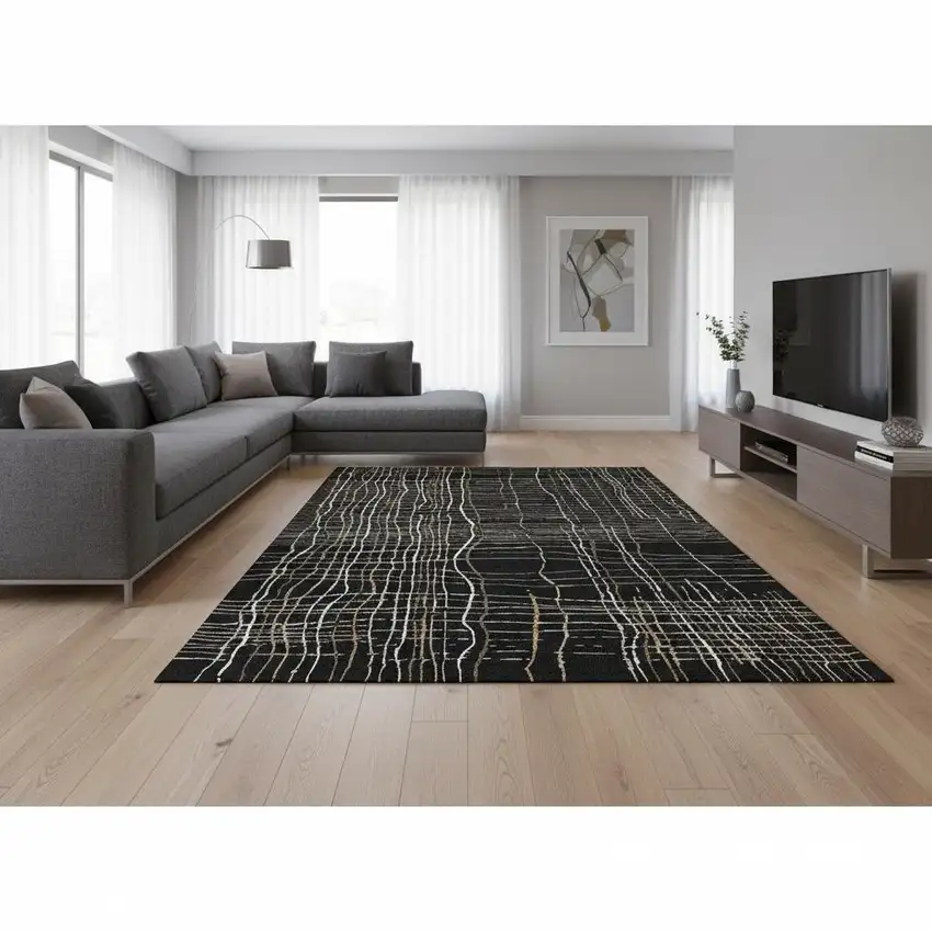 Black Ivory And Beige Striped Washable Area Rug With UV Protection Photo 2
