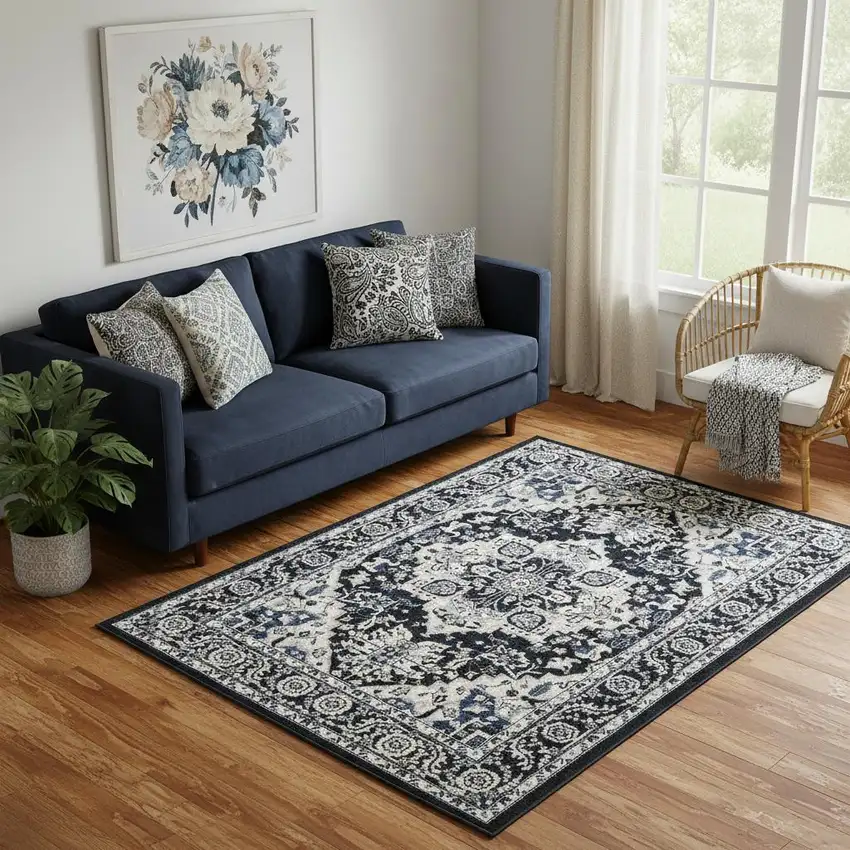 Black Ivory And Blue Floral Area Rug Photo 1