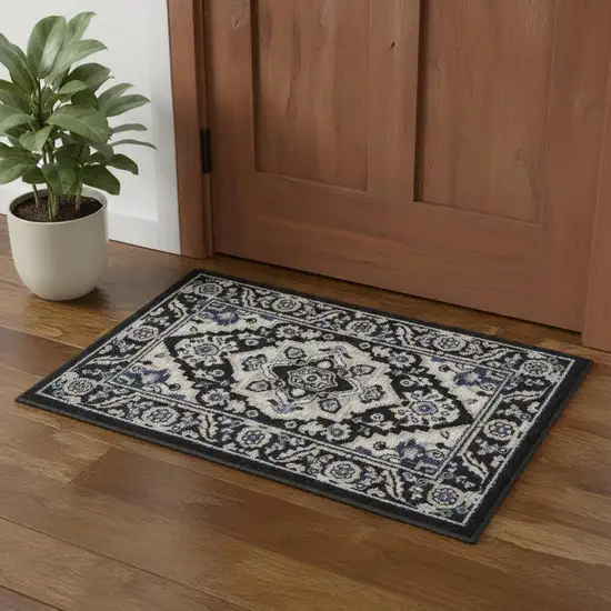 Black Ivory And Blue Floral Area Rug Photo 1