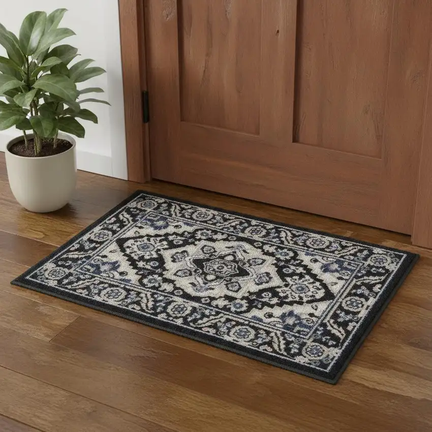 Black Ivory And Blue Floral Area Rug Photo 1