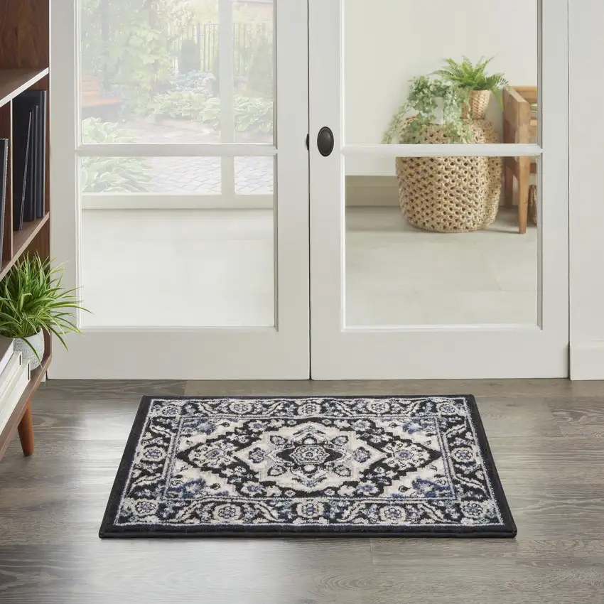 Black Ivory And Blue Floral Area Rug Photo 5