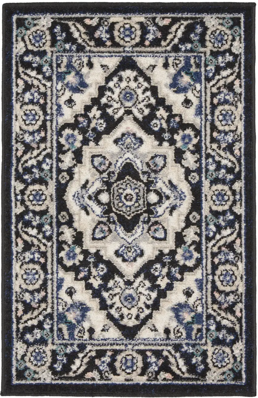 Black Ivory And Blue Floral Area Rug Photo 7