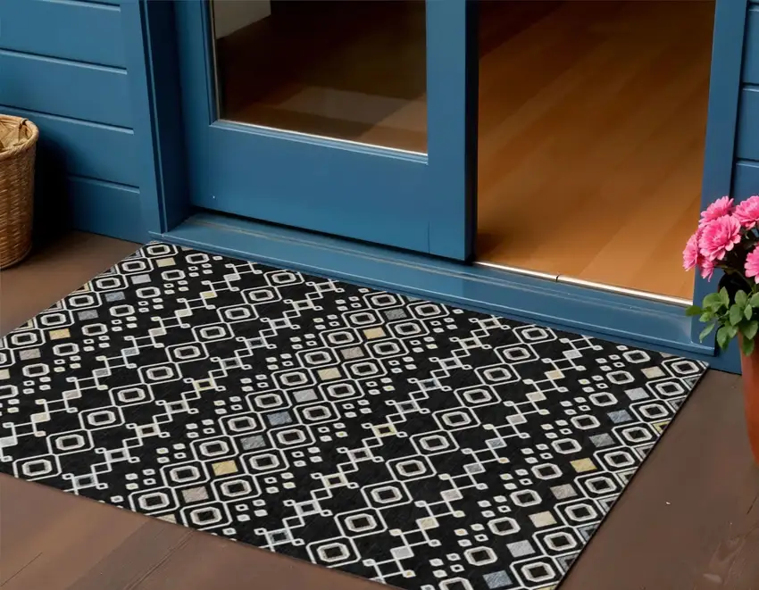 Black Ivory And Blue Geometric Washable Indoor Outdoor Area Rug Photo 1
