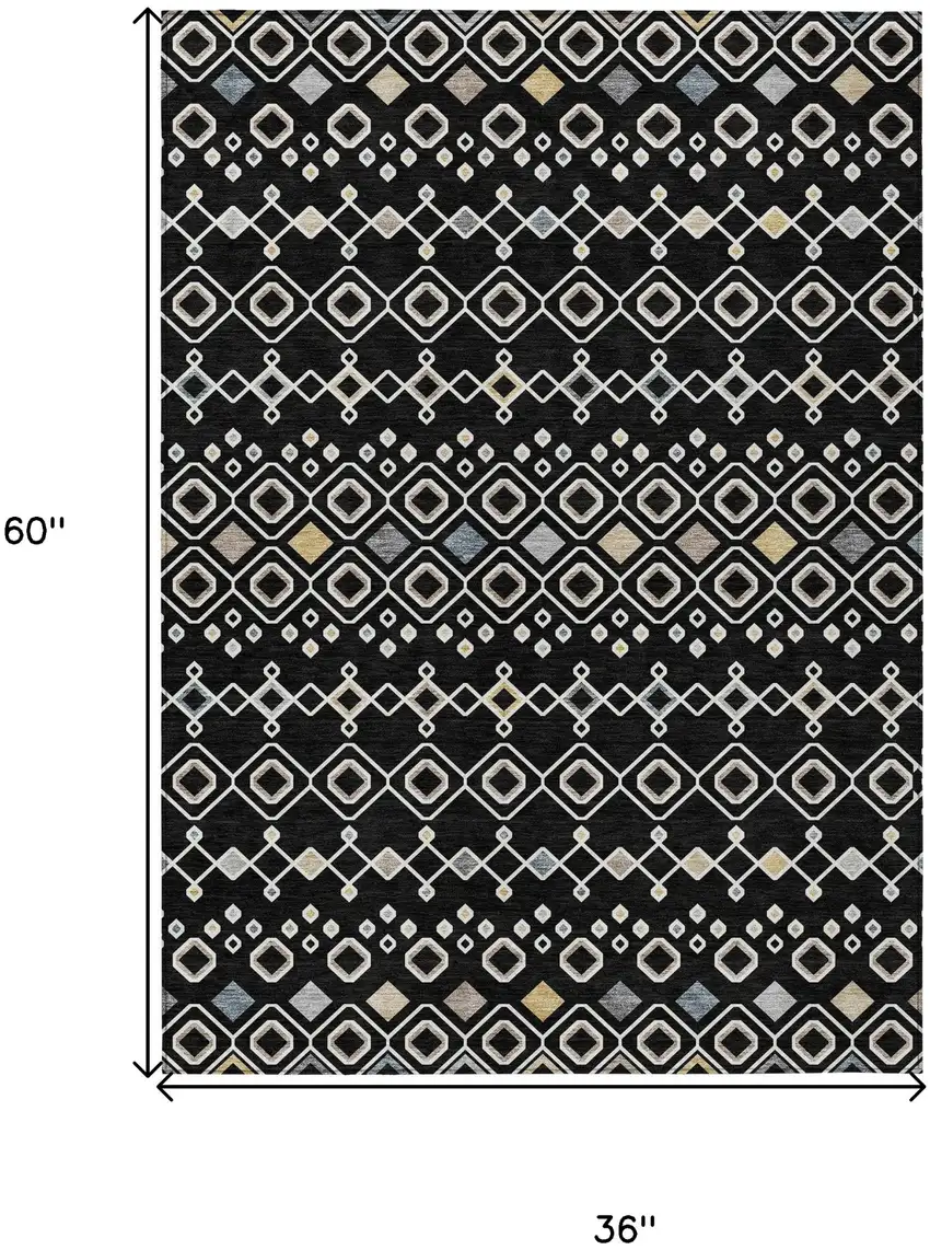 Black Ivory And Blue Geometric Washable Indoor Outdoor Area Rug Photo 3