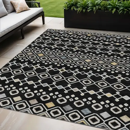 Black Ivory And Blue Geometric Washable Indoor Outdoor Area Rug Photo 1