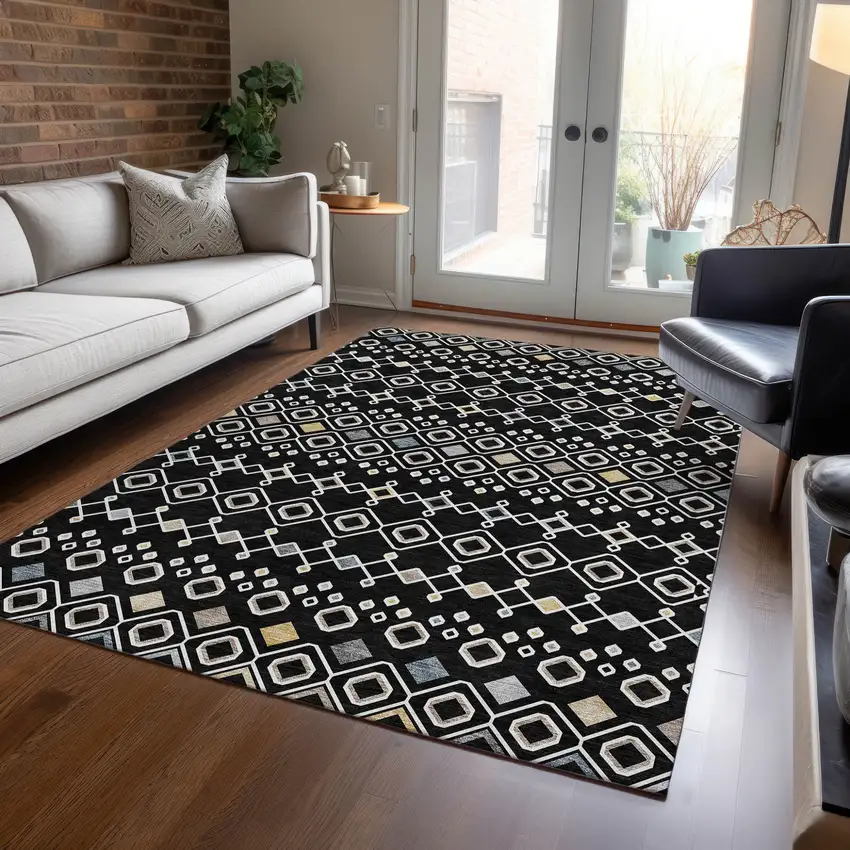 Black Ivory And Blue Geometric Washable Indoor Outdoor Area Rug Photo 9