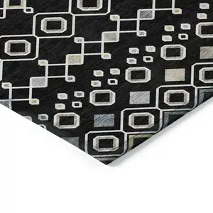 Photo of Black Ivory And Blue Geometric Washable Indoor Outdoor Area Rug