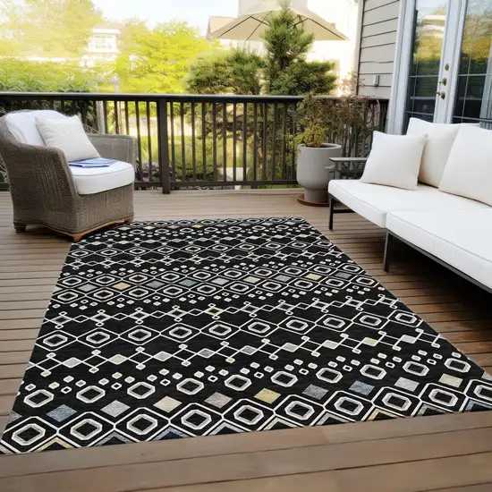 Black Ivory And Blue Geometric Washable Indoor Outdoor Area Rug Photo 9